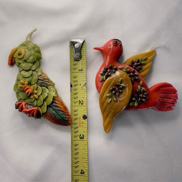 Vintage Handmade Folk Art Bird Ornaments Set of 2 Decor Hanging Parrot Red Bird - Picture 5 of 11